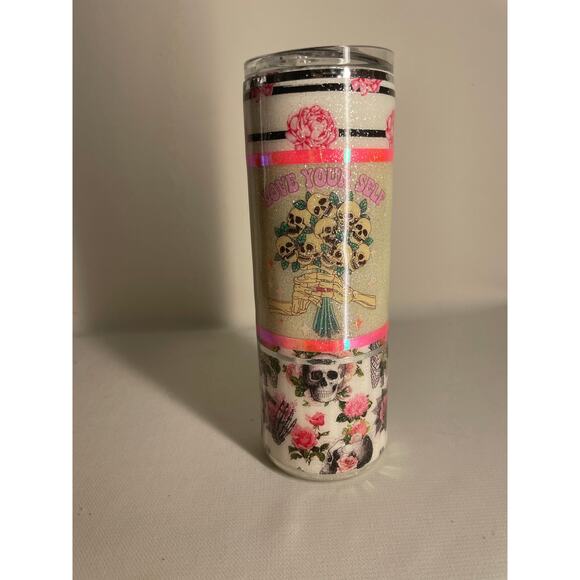 Handcrafted LOVE YOURSELF Skeleton Bouquet Tumbler Painted Skinny 20oz - Picture 1 of 6